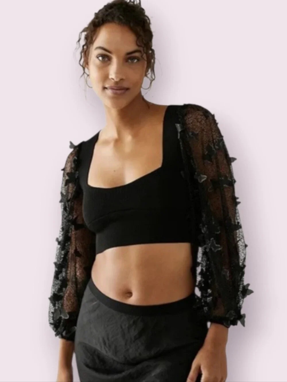 INTIMATELY FREE PEOPLE Flutter By Sheer Mesh Puff Sleeve Butterfly Crop Top S